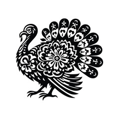 Wall Mural - Turkey bird in folk art black and white silhouette illustration