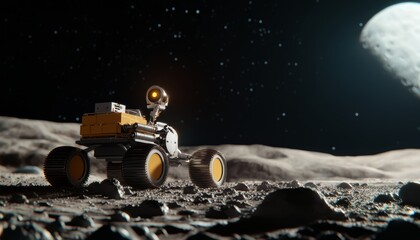 space rover exploring a crater-filled alien moon, dramatic lighting with deep shadows, robotic explo