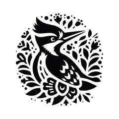 Wall Mural - Woodpecker bird in folk art black and white silhouette illustration