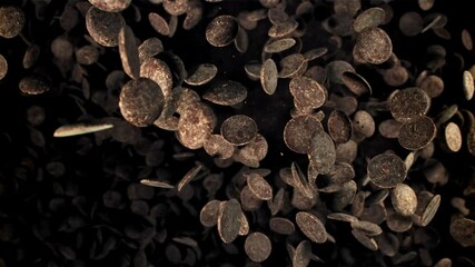 Sticker - Dark chocolate chips fly and fall. Filmed on a high-speed camera at 1000 fps. High quality FullHD footage