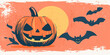 © Kafka - Vintage Halloween card with old-fashioned style jack-o'-lantern, moon, and bats