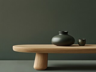 Poster - Green Vase and Cup on Wooden Table.