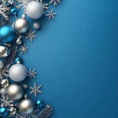 Wall Mural - Christmas blue background with Christmas balls and decorations located on the left side