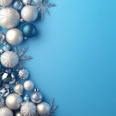 Wall Mural - Christmas blue background with Christmas balls and decorations located on the left side