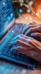 Poster - Close-up of hands typing with digital elements floating, symbolizing programming and technology innovation.