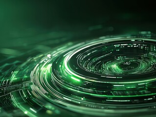 Poster - Abstract green technology swirl with glowing lines and digital patterns.