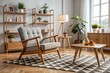 © Achiraya - Retro living room with sleek wooden armchair, minimalist coffee table, and geometric-patterned rug, evoking a warm and