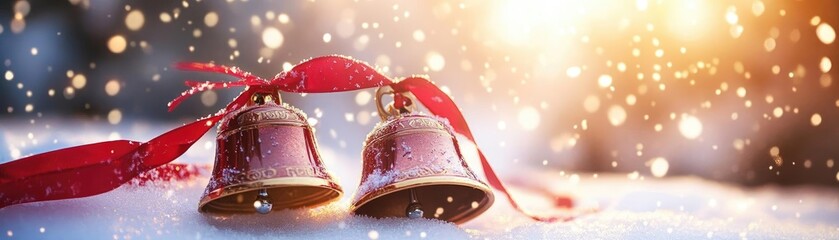 Festive Christmas bells adorned with a red ribbon, nestled in snow, surrounded by sparkling winter light.