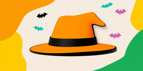 Bright orange witch's hat and colorful bats on a modern aesthetic background with copyspace