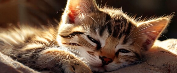 A close-up image of a tabby kitten peacefully resting in warm sunlight. The soft fur and relaxed expression capture the tranquility and comfort of a lazy afternoon.