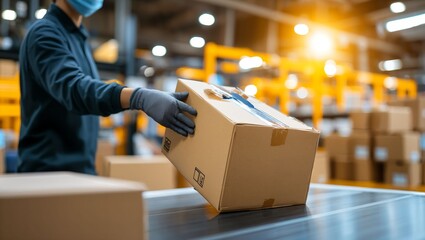 An industrious warehouse worker efficiently handling a package, surrounded by organized stacks of boxes, showcasing the hustle of modern logistics and supply chain management.