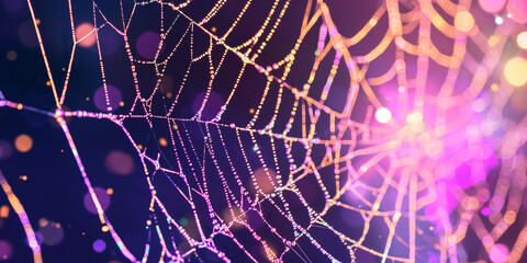 Shiny glittery pink spider web, aesthetic halloween background