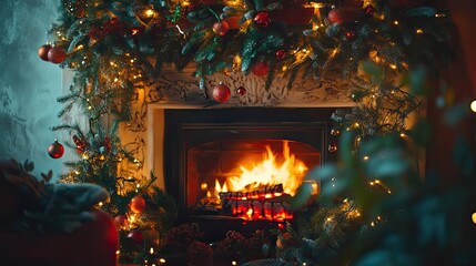 Aufkleber - Warm and cozy Christmas fireplace adorned with garlands and lights, creating a festive holiday atmosphere.