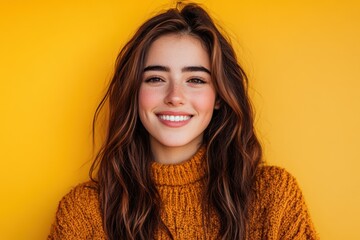 Wall Mural - Smiling Woman In Orange Sweater Against Yellow Background - Generative AI