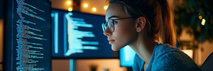 Poster - Female developer focused on coding project at night with screens. Concept of programming and innovation.