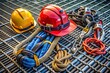 © Achiraya - Rugged lifeline equipment with an anchor, helmet, and harnesses lies organized on a metal grid, showcasing a