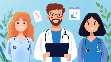 Poster - A cartoon illustration of a doctor and two nurses with an tablet computer, AI