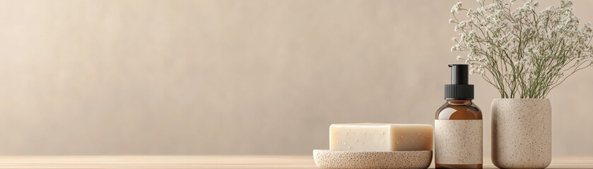 Minimalist display of natural products including soap, essential oil, and a decorative plant on a neutral background.