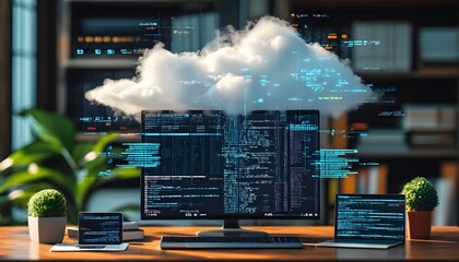 Wall Mural - Innovative Tech Specialists Analyzing Cloud Data and Software Programming in Global Digital Network and Business Intelligence Visualization