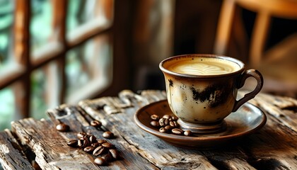 Cozy Café Morning with Rustic Espresso in Vintage Cup and Fresh Coffee Beans on Weathered Table