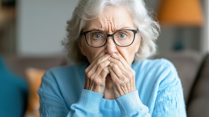 Poster - An older woman with glasses covering her mouth and nose, AI