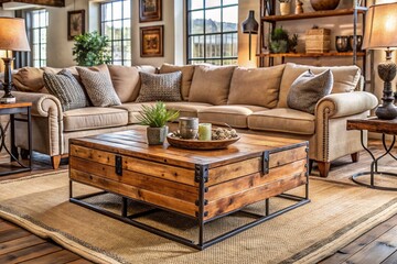 Wall Mural - Rustic wooden crate coffee table with vintage metal legs situates amidst plush sofa and armchairs in a cozy