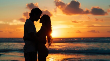 Poster - A couple is kissing on the beach at sunset