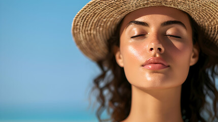 Wall Mural - Young Woman Applies Sunscreen Her Face Under