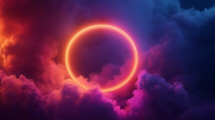 Wall Mural - A vibrant neon glowing circle floating in the middle of a cloud of colorful mist.