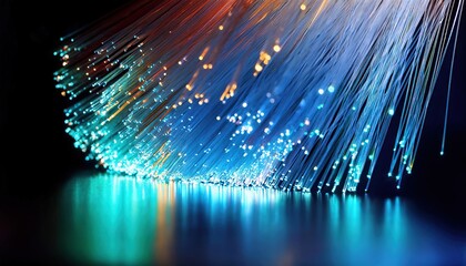 Wall Mural - Abstract close-up of glowing fiber optic cables in darkness