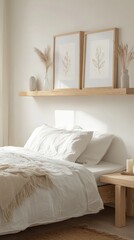 Poster - Minimalist Bedroom Interior Design with White Bedding and Natural Elements.