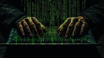 Poster - Hands typing on a laptop with green matrix code cascading down the screen. Symbolizes hacking and cybersecurity.