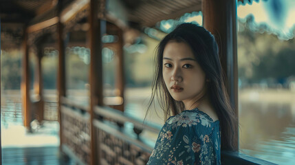 Canvas Print - Young Chinese Model Riverside Pavilion