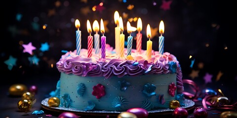 Beautiful colorful birthday cake with candles, perfect for a celebration.