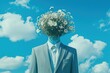 © Joaquin Corbalan - A man in a suit stands against a bright blue sky filled with fluffy clouds, with a bouquet of flowers replacing his head