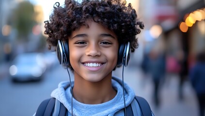 A young boy with curly hair smiling while wearing headphones.