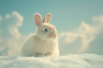 A soft white rabbit sits peacefully on a cloud under a bright sky filled with fluffy clouds during a serene afternoon