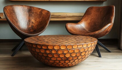 Set of Two Unique Wooden Chairs and a Coffee Table with Carved Detail, Modern Interior Design