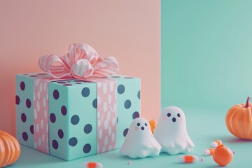 Cute Halloween scene with gift box, ghost, and pumpkin decorations