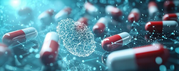 Poster - Futuristic digital visualization of pharmaceutical capsules with abstract brain illustration and glowing blue background