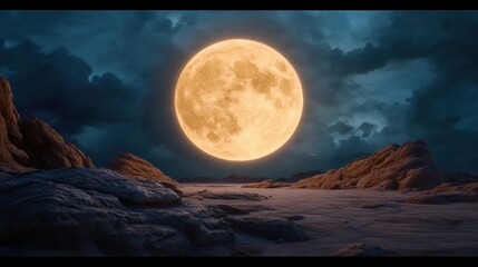 Canvas Print - A full moon rising over a rocky landscape with clouds in the sky, AI