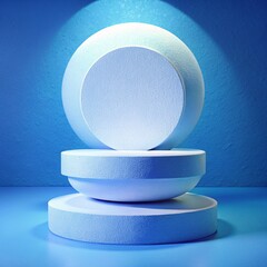 Two empty round white platforms stacked on top of each other, decorated on a blue background. Empty space for display product, text, and design.