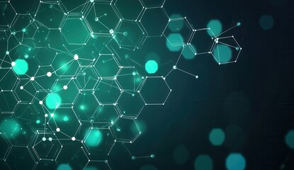 Poster - abstract hexagonal network background with glowing teal lights and interconnected lines illustrating