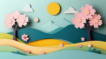 Poster - Paper cut art of a mountain, flowers and trees, AI