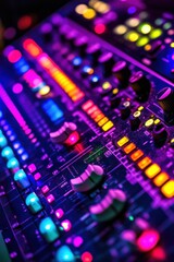 Poster - A close-up of a soundboard with glowing LED levels, knobs, and faders, surrounded by ambient studio lighting, high-tech, professional audio equipment, sound engineering, mixing console,