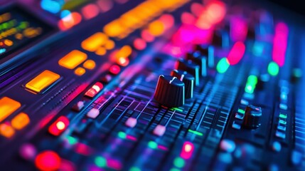 A creative image of a fader on a digital mixing console being pushed up, with a blurred backdrop of multicolored audio meters, sound mixing, professional audio equipment, studio controls