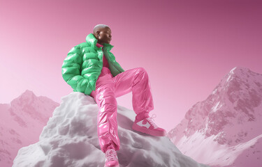 Wall Mural - Illustrated portrait of a young, dark-skinned hipster standing on top of a mountain, rendered in soft pastel shades of pink and green, embracing the season's fashion. Winter atmosphere. Copy space.