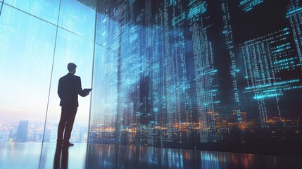 Poster - Businessman standing in front of a giant digital code display, holding a tablet. Tech-driven data analysis and coding innovation concept.