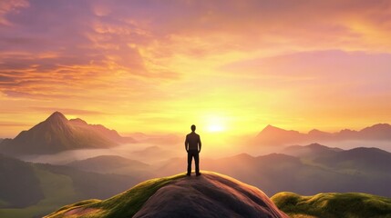 Poster - A man standing on top of a mountain with the sun setting behind him, AI