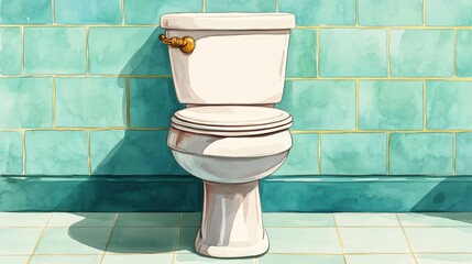 Poster - A cartoon drawing of a toilet in the bathroom with green tiles, AI